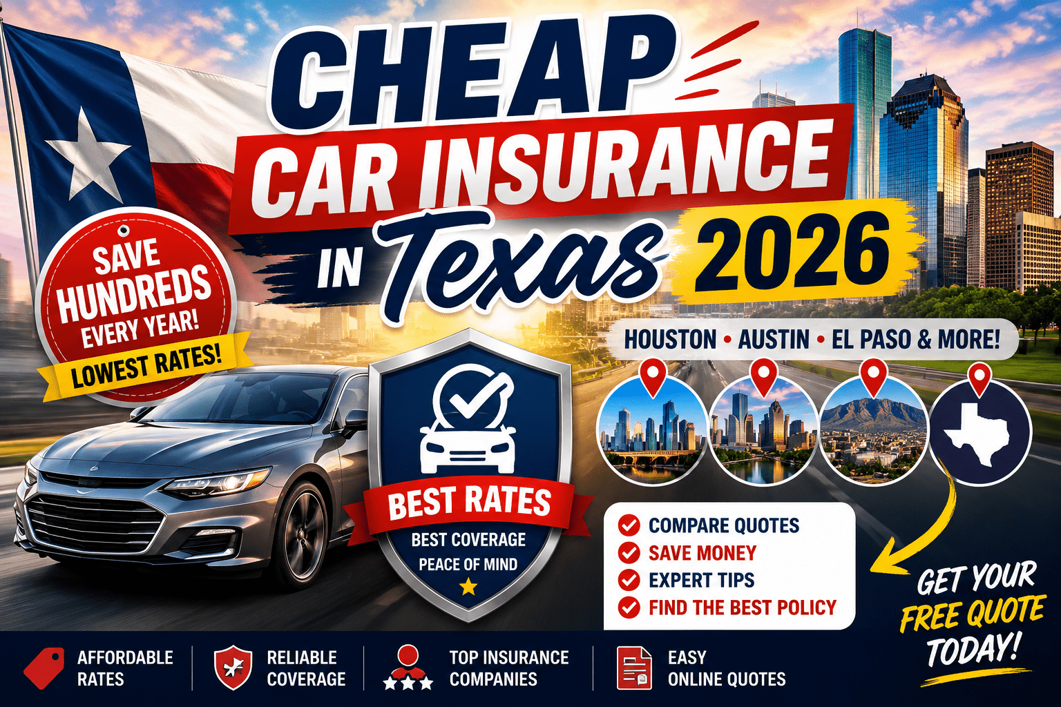 Cheap Car Insurance in Texas 2026 Best Rates, Quotes & Expert Tips for Houston, Austin, El Paso & More
